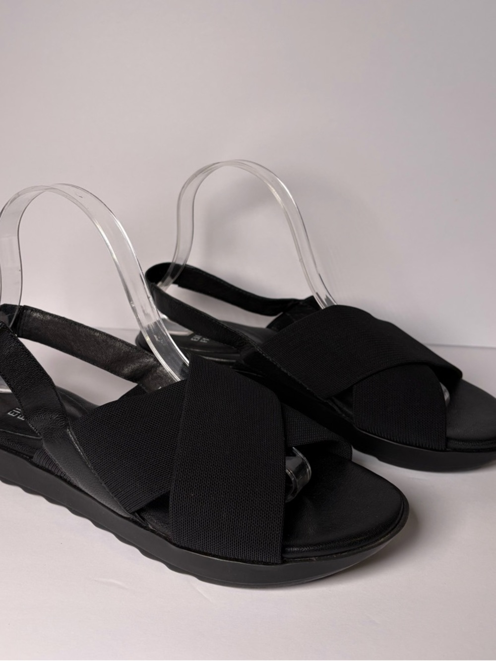 EILEEN FISHER 9.5 M Trek Mesh Black Cross Strap Platform Wedge Slingback Sandals